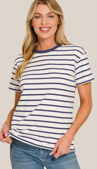 Soft Cotton Striped Crewneck Tee- Coral