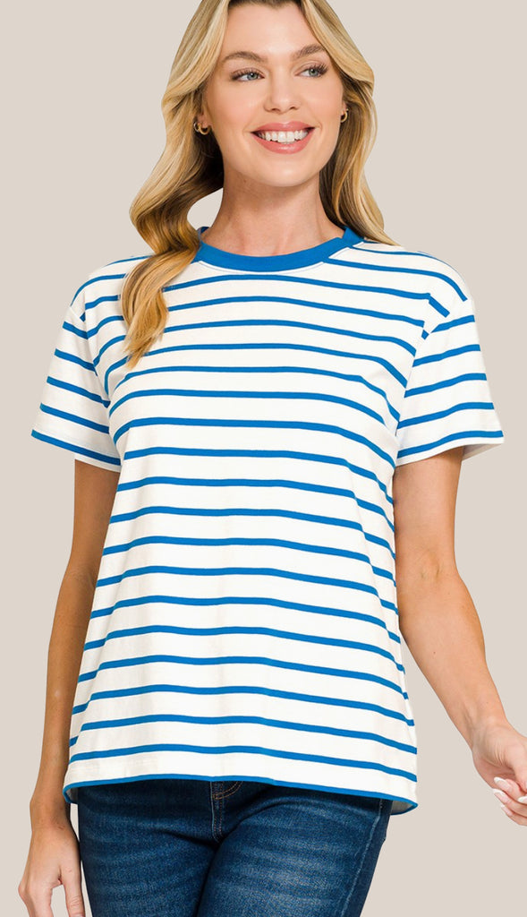 Soft Cotton Striped Crewneck Tee- Ruby