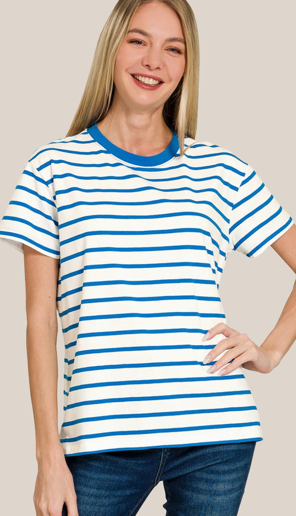Soft Cotton Striped Crewneck Tee- Mocha