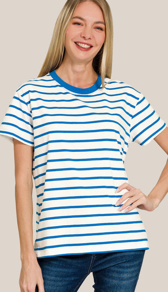 Soft Cotton Striped Crewneck Tee- Ocean Blue