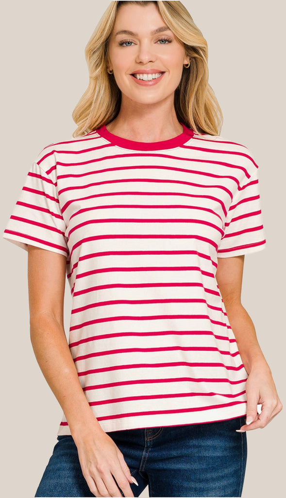 Soft Cotton Striped Crewneck Tee- Ocean Blue