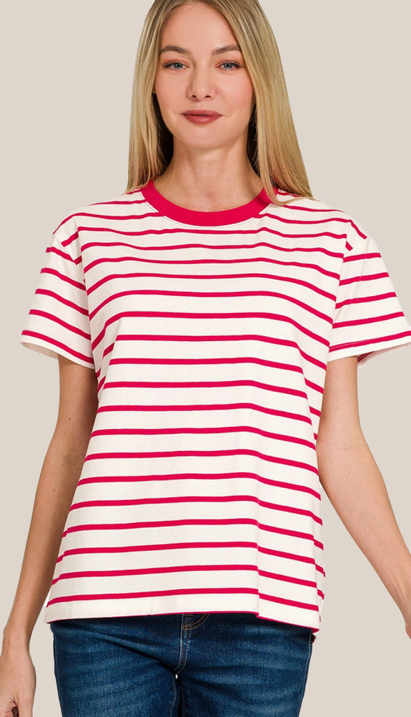 Soft Cotton Striped Crewneck Tee- Coral