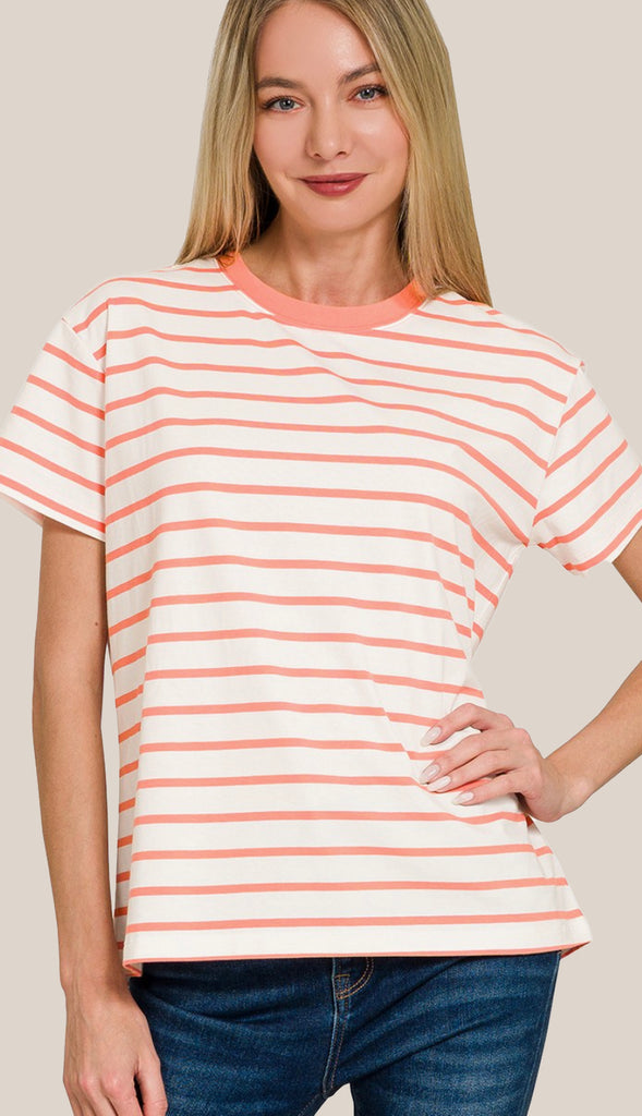 Soft Cotton Striped Crewneck Tee- Mocha