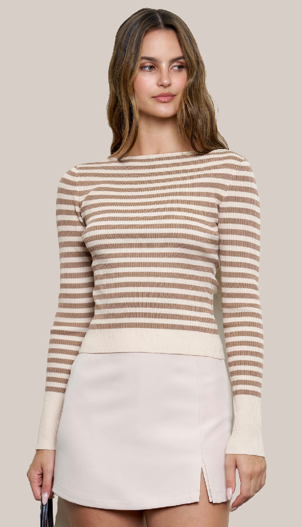 Glad You Had It Stripe Ribbed Long Sleeve Sweater Top- Light Khaki
