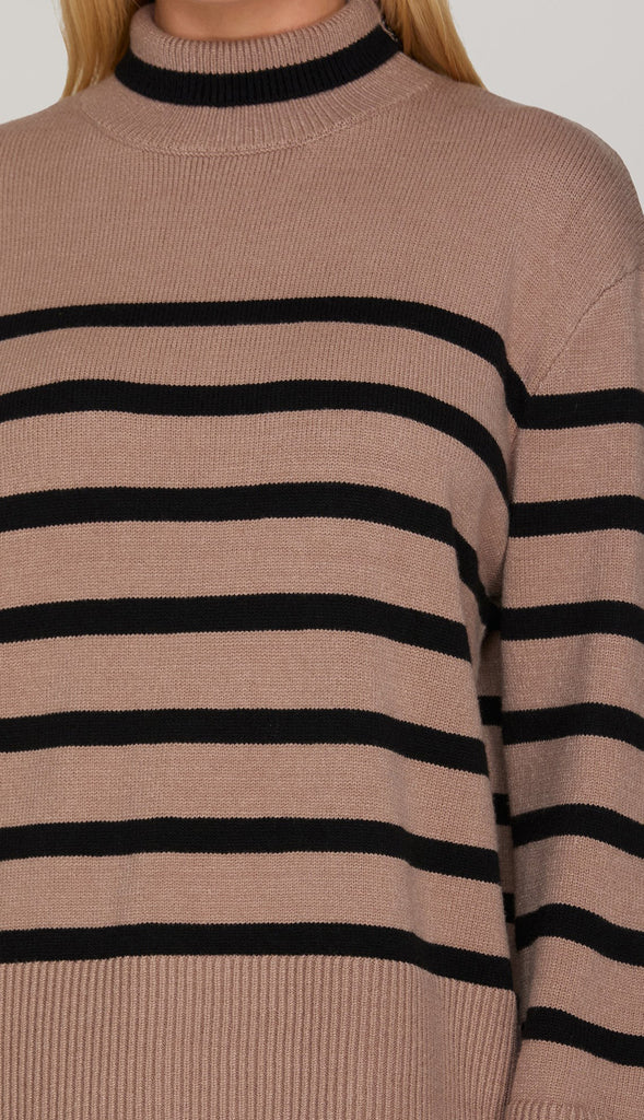 Kate Mock Neck Striped Sweater Top- Mocha
