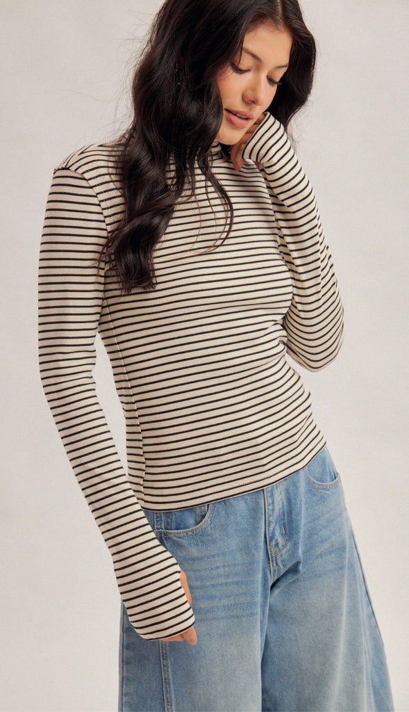 Julia Stripe Turtle Neck Top- Ecru