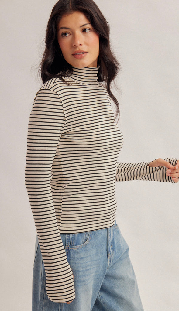 Julia Stripe Turtle Neck Top- Ecru
