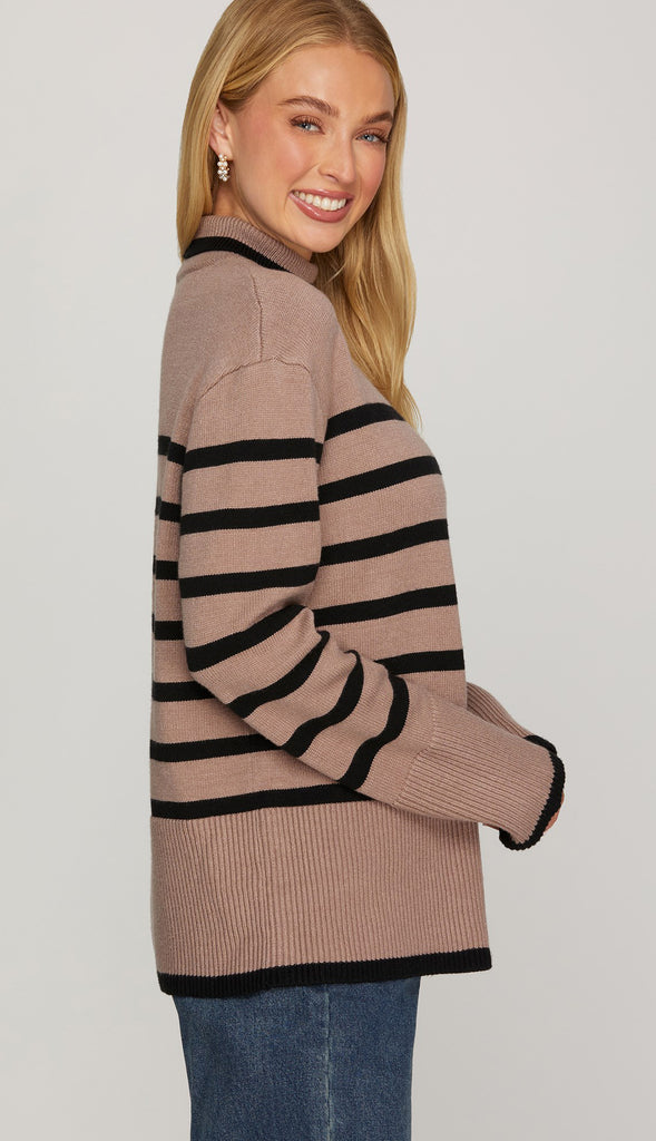 Kate Mock Neck Striped Sweater Top- Olive