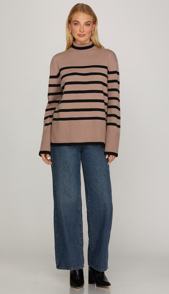 Kate Mock Neck Striped Sweater Top- Mocha
