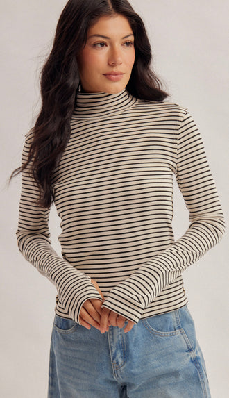 Julia Stripe Turtle Neck Top- Ecru