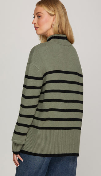 Kate Mock Neck Striped Sweater Top- Olive