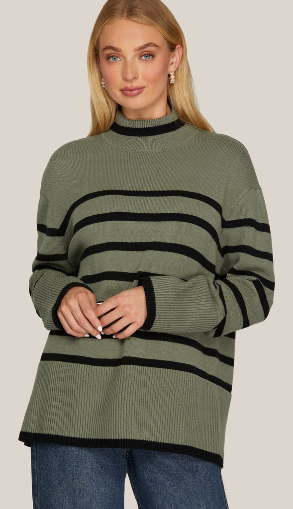 Kate Mock Neck Striped Sweater Top- Mocha