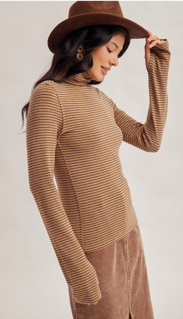 Julia Stripe Turtle Neck Top- Mocha