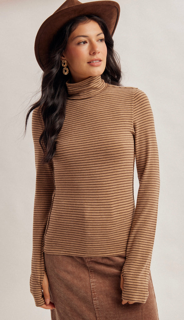 Julia Stripe Turtle Neck Top- Mocha