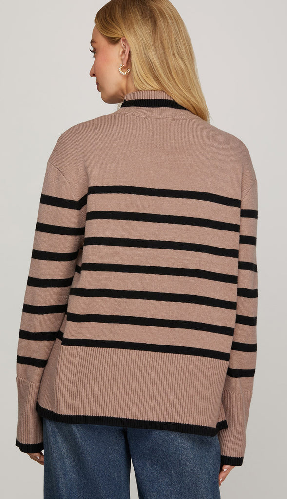 Kate Mock Neck Striped Sweater Top- Olive