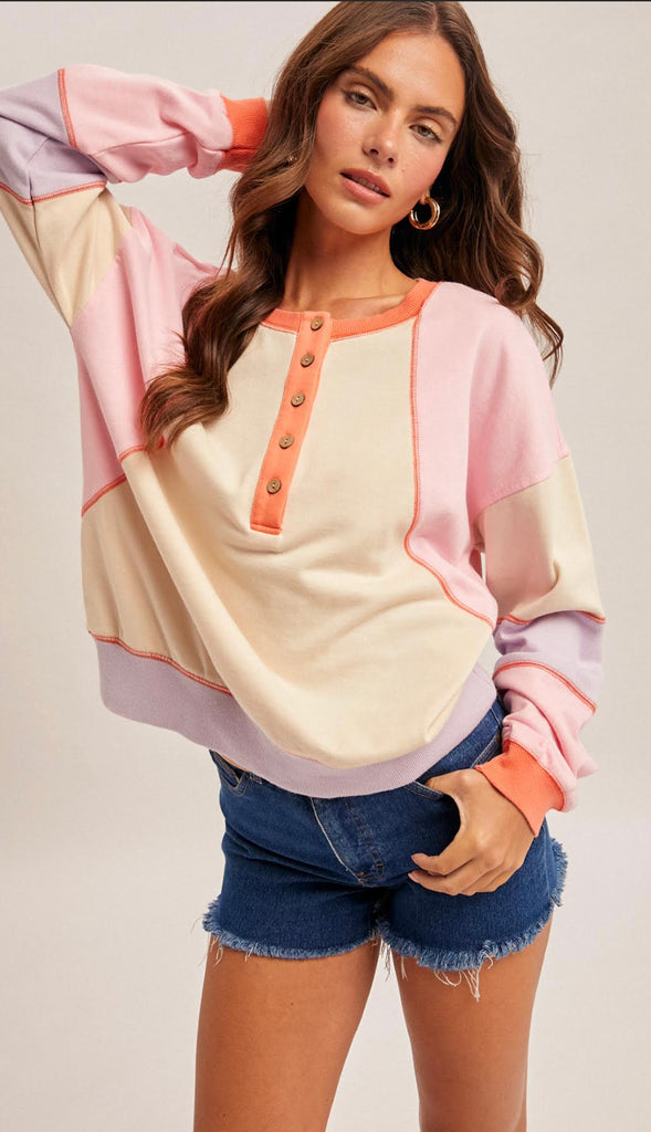 Summer Sunset Colorblock Henley Top- Sand/Coral