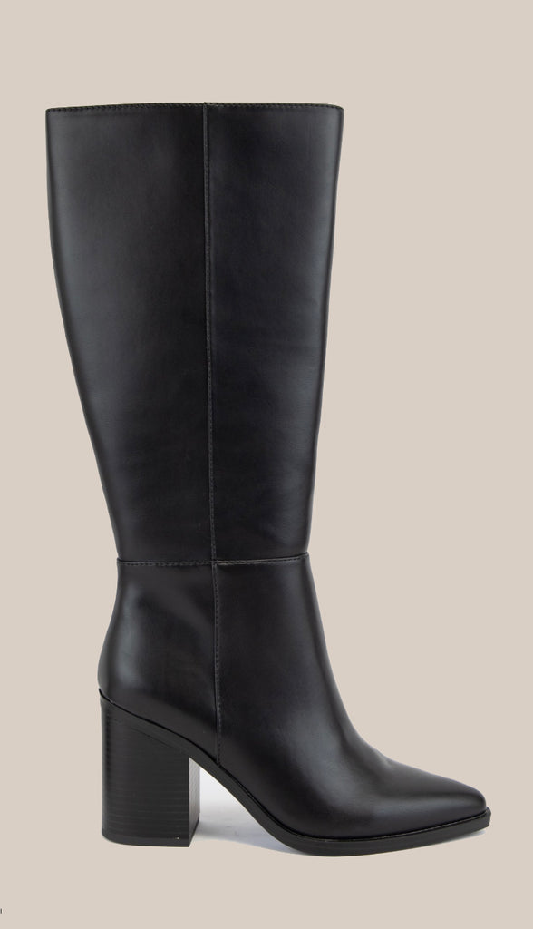 Pointed Toe Block Heel Tall Boots- Black