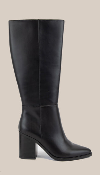 Pointed Toe Block Heel Tall Boots- Black