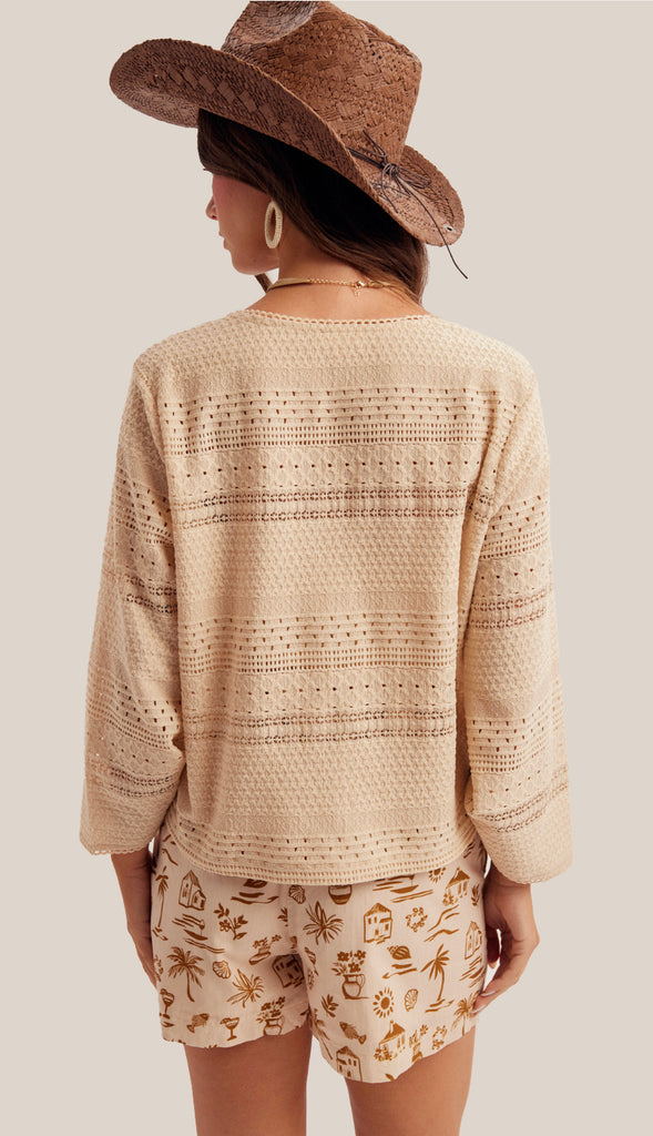 Sandy Shores Front Drawstring Lace Trim Top- Natural