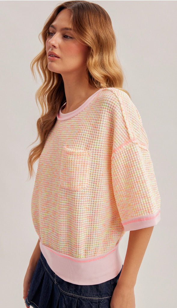 Rainbow Waffle Fabric Top- Pink Multi