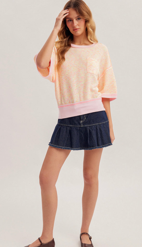 Rainbow Waffle Fabric Top- Pink Multi
