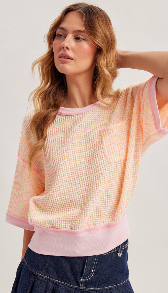 Rainbow Waffle Fabric Top- Pink Multi