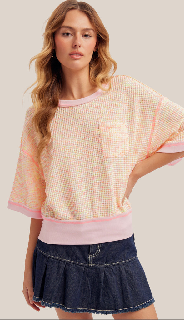 Rainbow Waffle Fabric Top- Pink Multi
