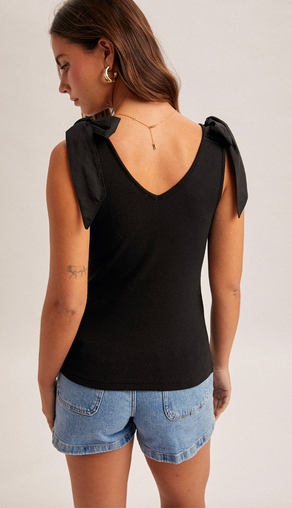 Isla Ribbed Bow Tie Sleeveless Top- Black