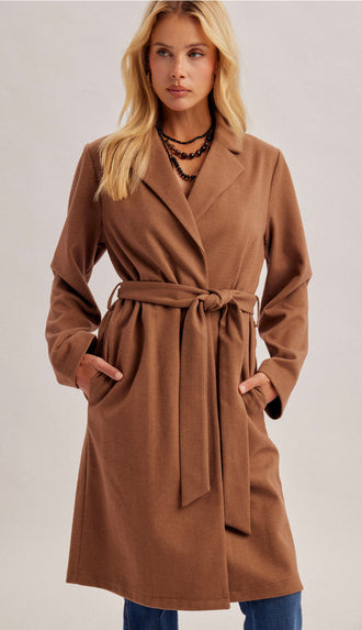 New York Minute Herringbone Belted Coat- Mocha
