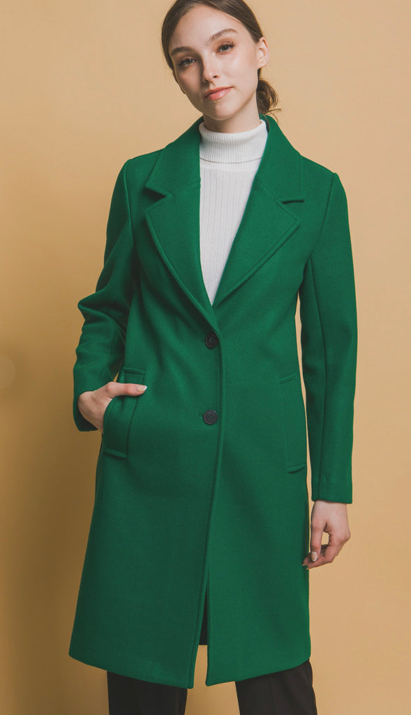 Uptown Chic Longline Notch Lapel Coat- Green