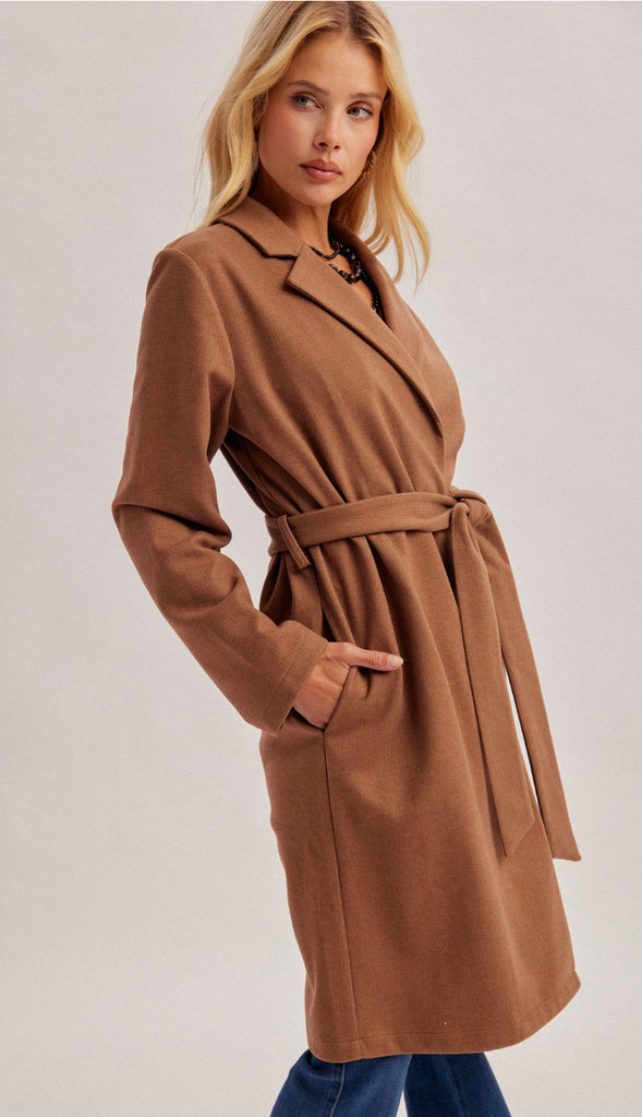 New York Minute Herringbone Belted Coat- Mocha