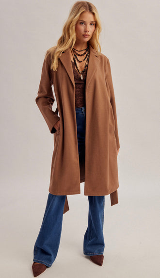 New York Minute Herringbone Belted Coat- Mocha