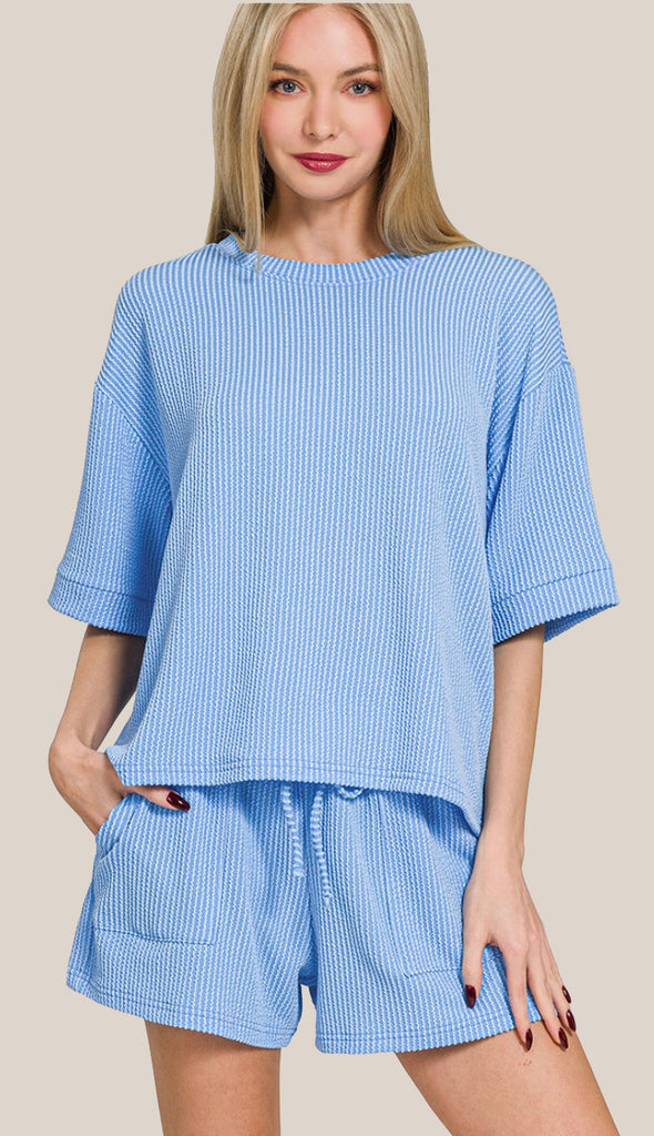 Everyday Girl Corded Ribbed Tee And Short Set- Cornflower Blue
