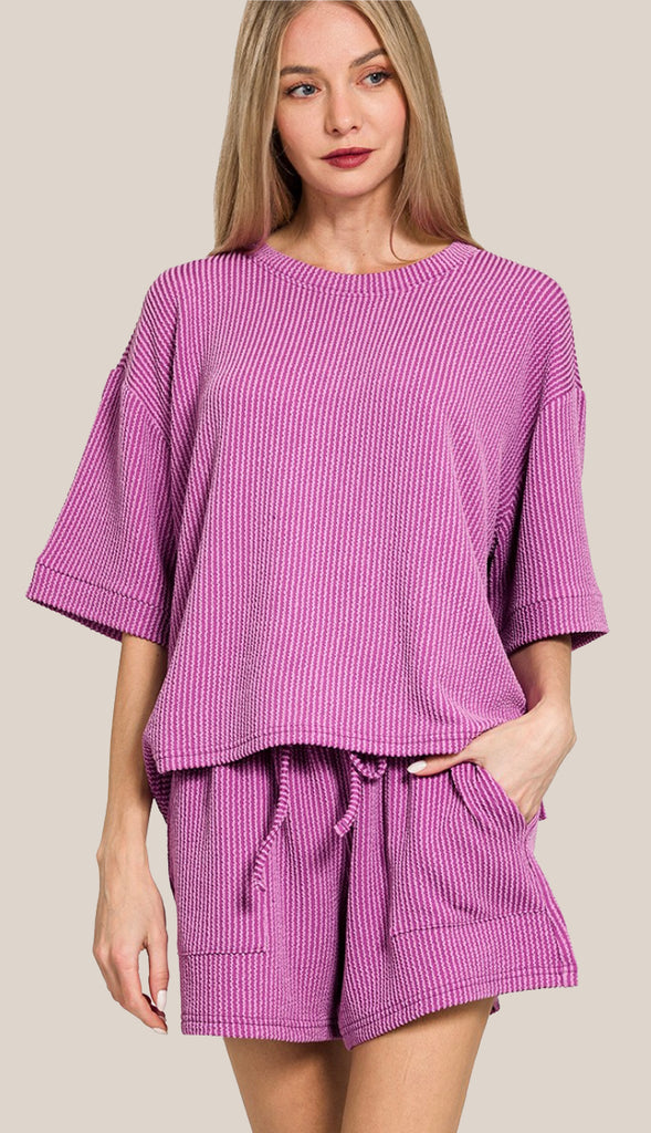 Everyday Girl Corded Ribbed Tee And Short Set- Lt Plum
