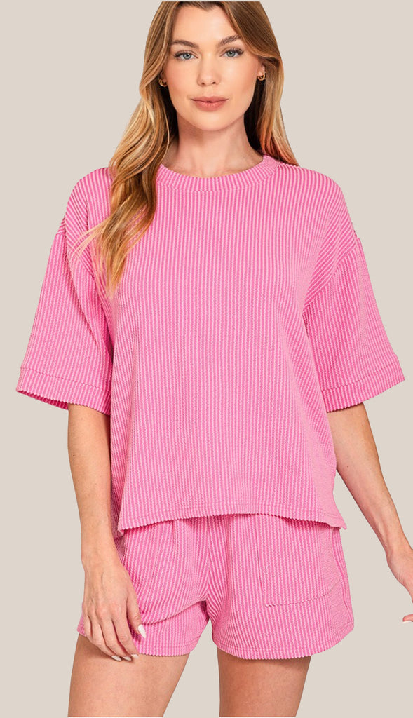 Everyday Girl Corded Ribbed Tee And Shorts Set- Teal