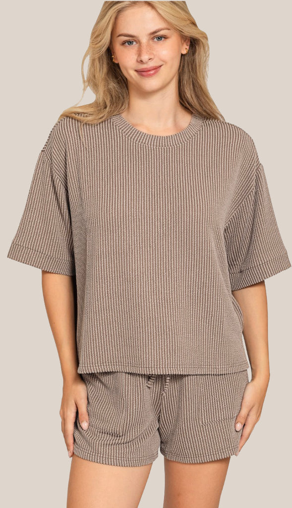 Everyday Girl Corded Ribbed Tee And Shorts Set- Mocha