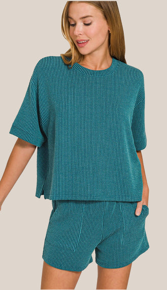 Everyday Girl Corded Ribbed Tee And Shorts Set- Teal