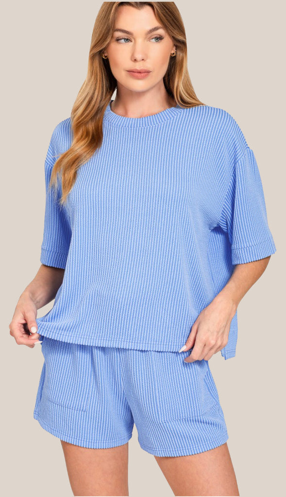 Everyday Girl Corded Ribbed Tee And Short Set- Cornflower Blue
