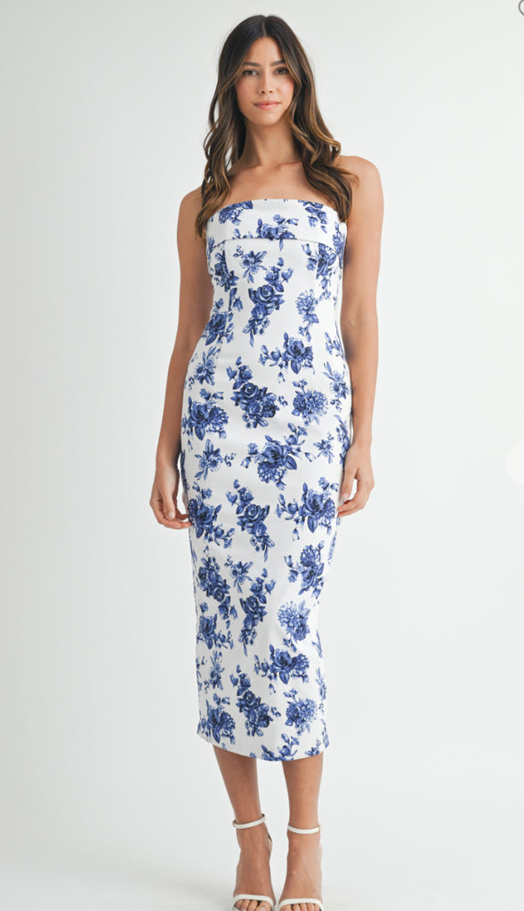 Livia Floral Tube Midi Dress- Blue