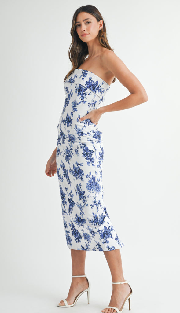 Livia Floral Tube Midi Dress- Blue