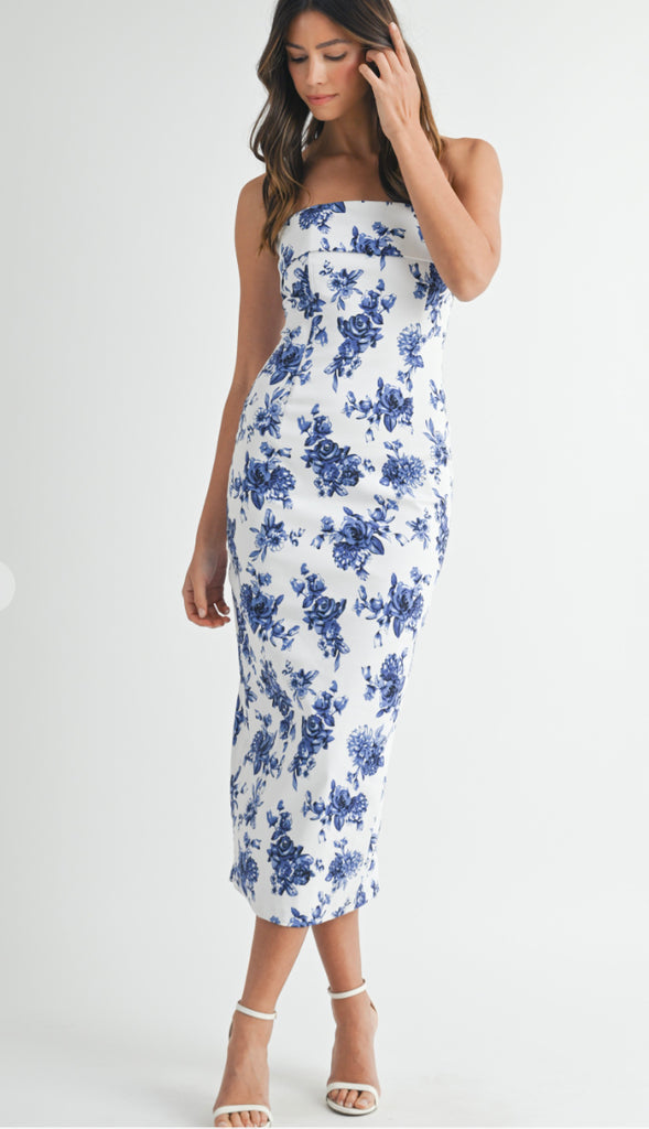 Livia Floral Tube Midi Dress- Blue