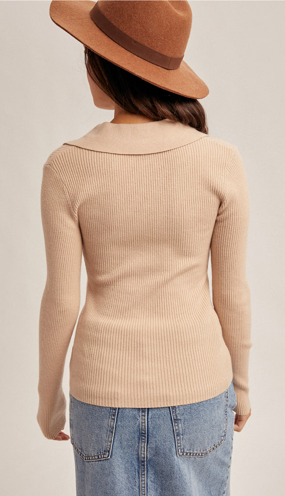Lana Front Twist Collard Sweater Knit Top- Taupe