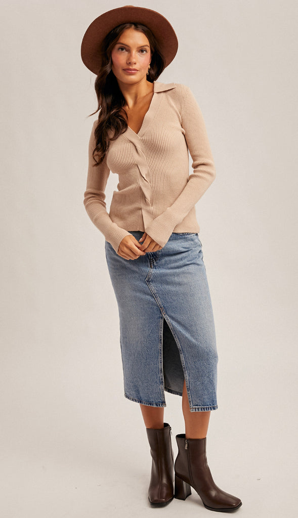 Lana Front Twist Collard Sweater Knit Top- Black