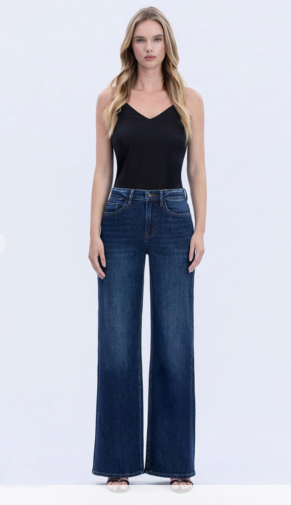 Vervet Olivia Super High Rise Full Length Wide Jeans- Dark Wash