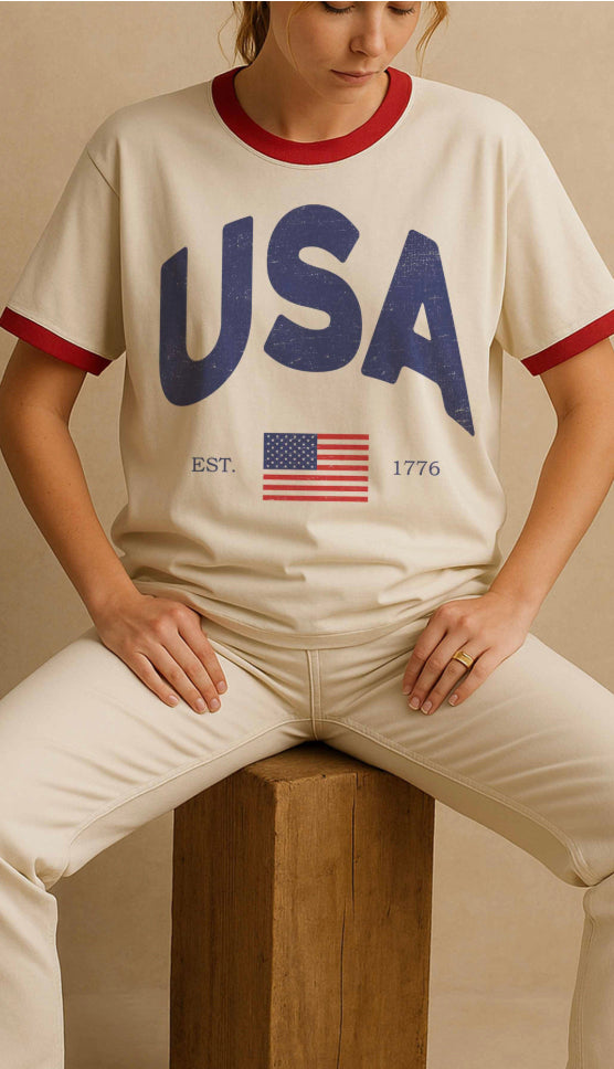 USA Vintage Ringer Graphic Tee- Red/White