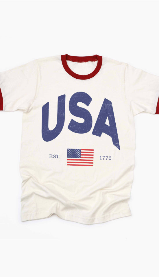 USA Vintage Ringer Graphic Tee- Red/White