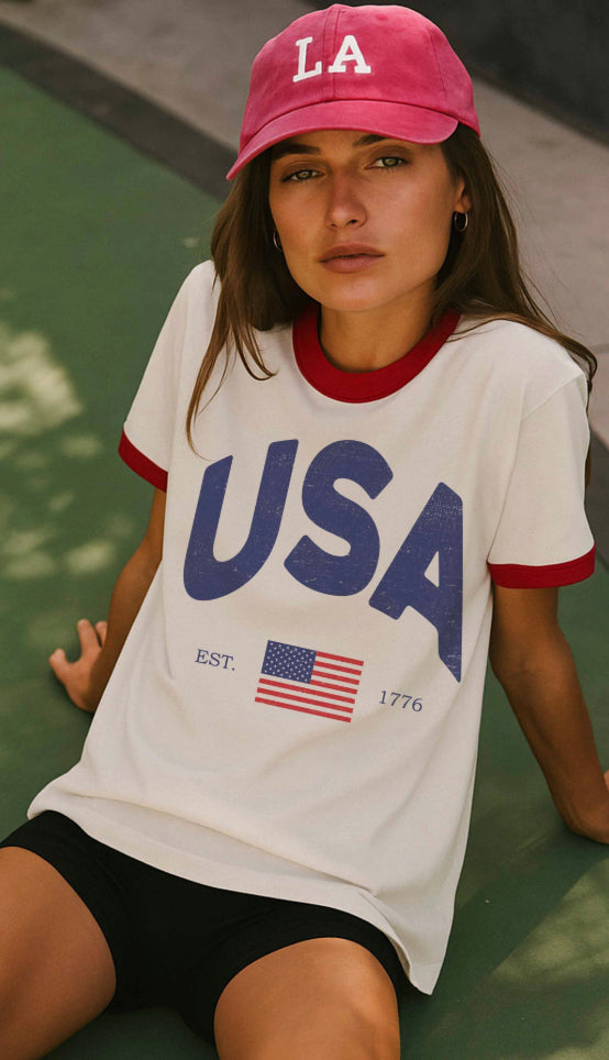 USA Vintage Ringer Graphic Tee- Red/White