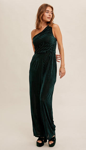 Chasing Dreams Velvet One Shoulder Jumpsuit- Sea Green