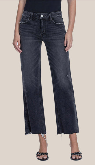 Vervet Mid Rise Distressed Hem Slim Wide Jeans- Black