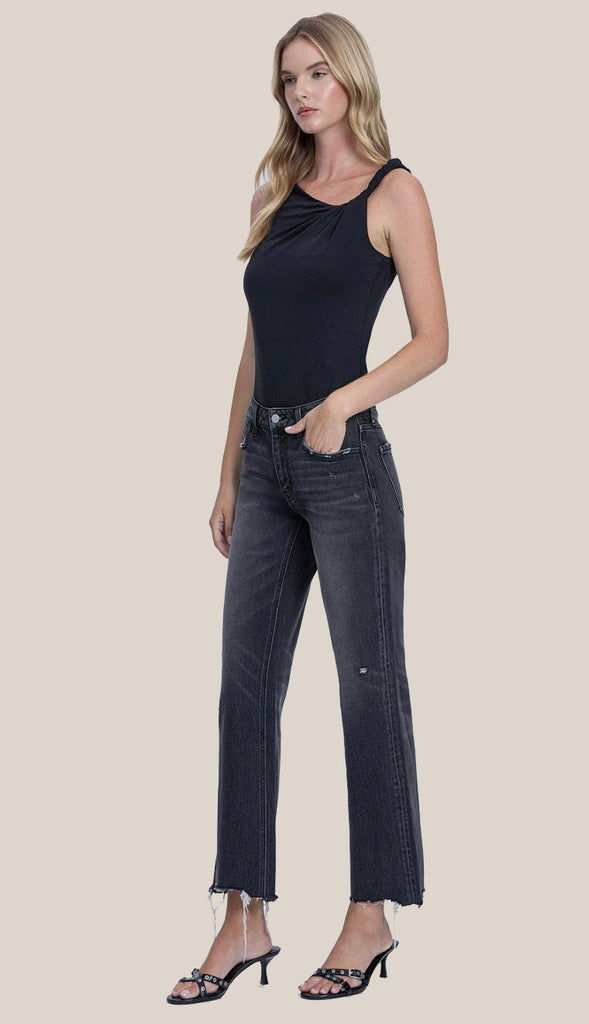 Vervet Mid Rise Distressed Hem Slim Wide Jeans- Black